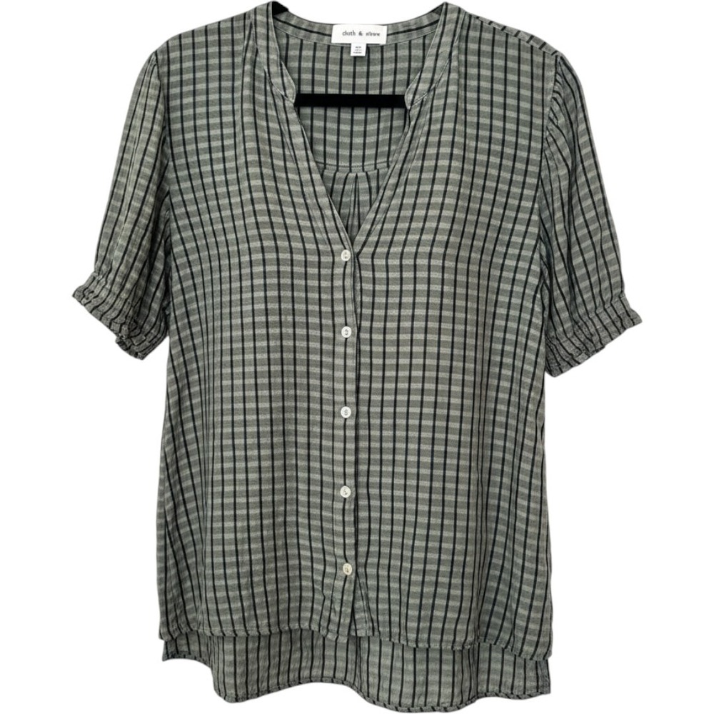 Cloth & Stone Anthropologie Womens XL Green Plaid Rayon Linen Short Sleeve Top